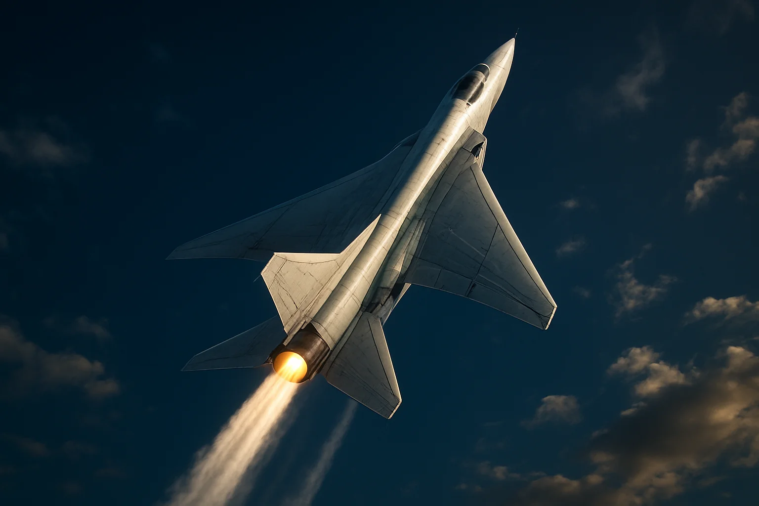 Hyperrealistic white jet aircraft climbing steeply in dramatic blue sky