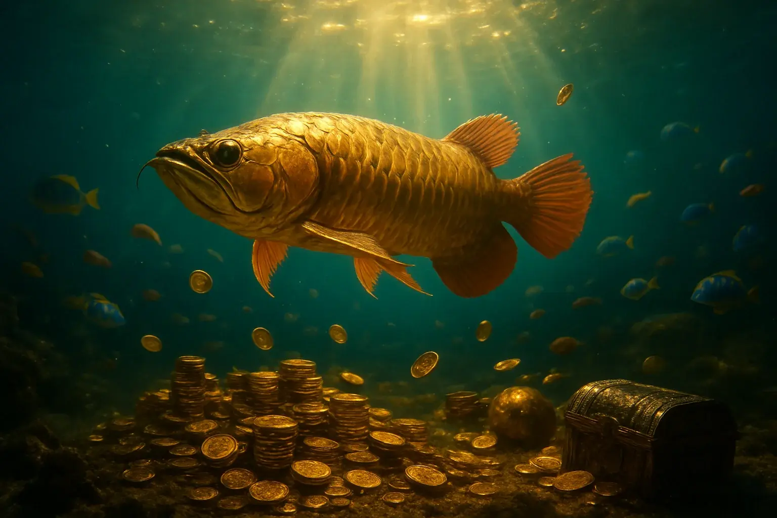 Hyperrealistic golden dragon fish underwater with treasure, coins, and tropical fish