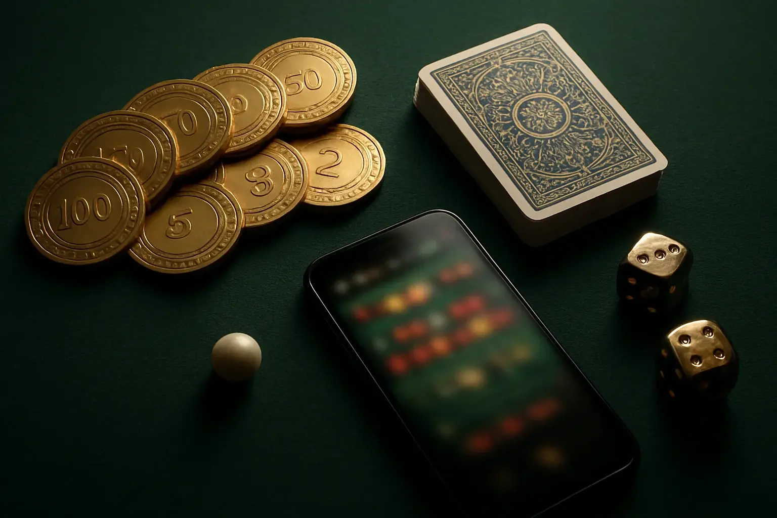 Top-down premium casino table with gold chips, cards, dice, roulette ball
