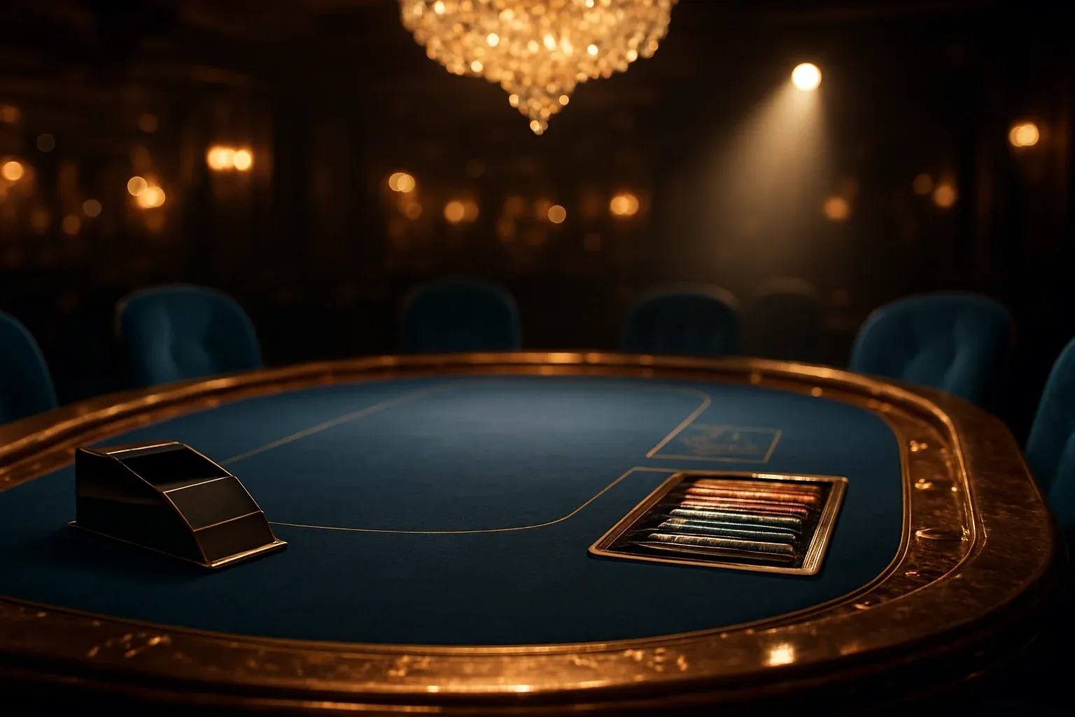Hyperrealistic live baccarat studio in the Philippines with blue felt table