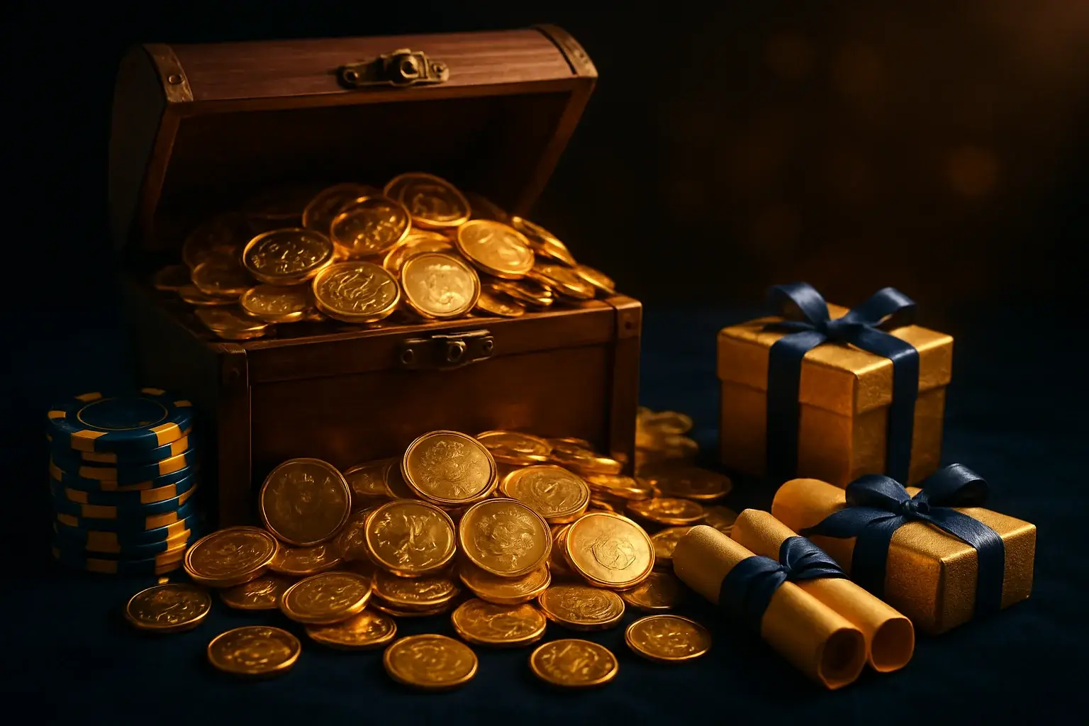 Overflowing treasure chest with gold coins, casino chips, vouchers, and gift boxes