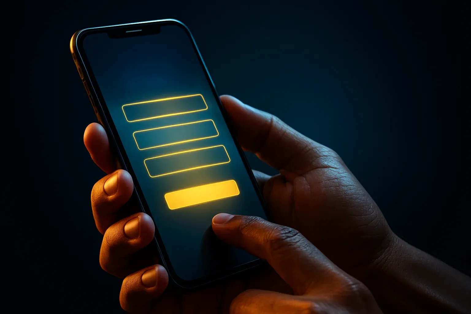 Filipino man's hands holding smartphone with glowing registration screen interface