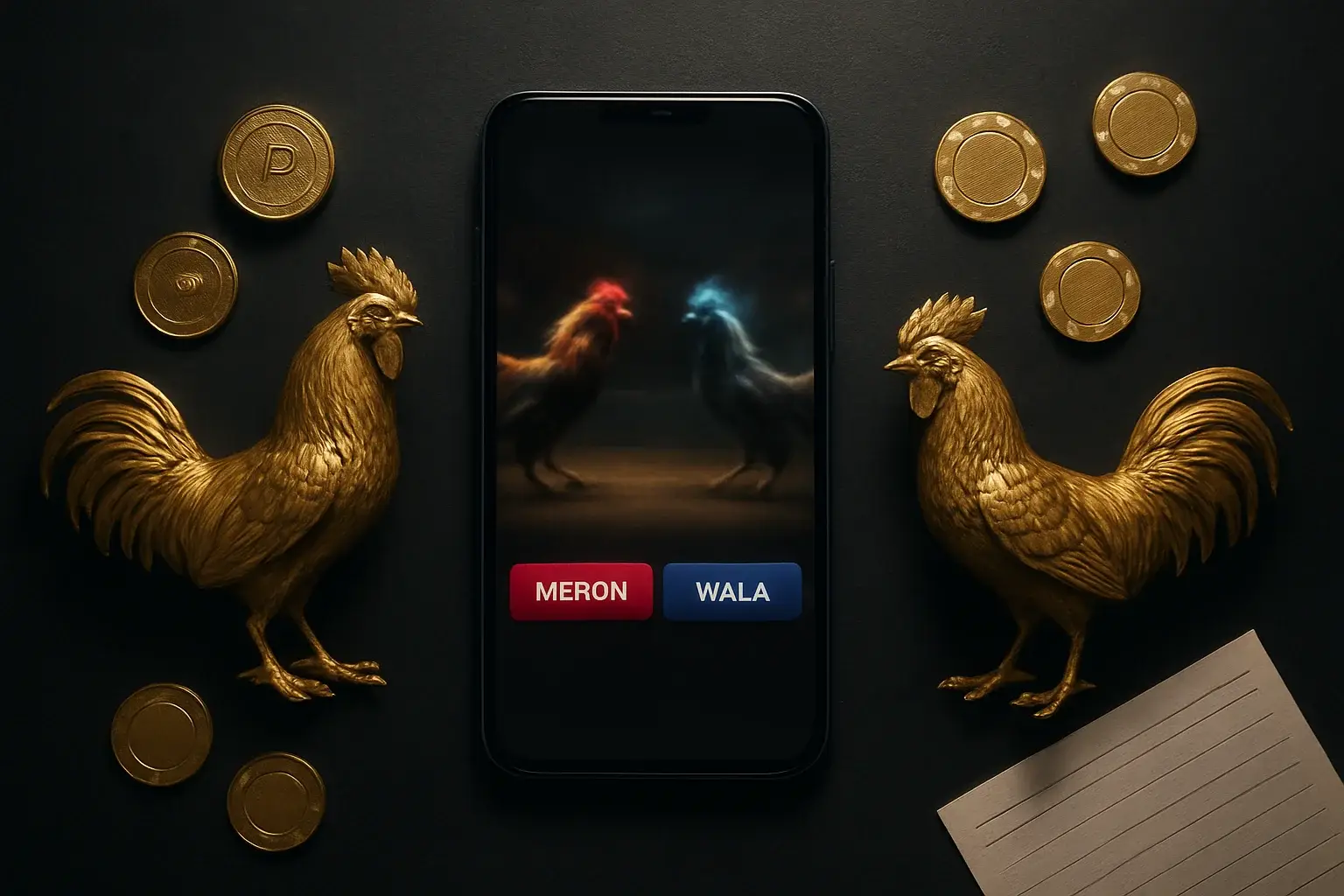 Smartphone with sabong betting interface, golden roosters, coins, and chips