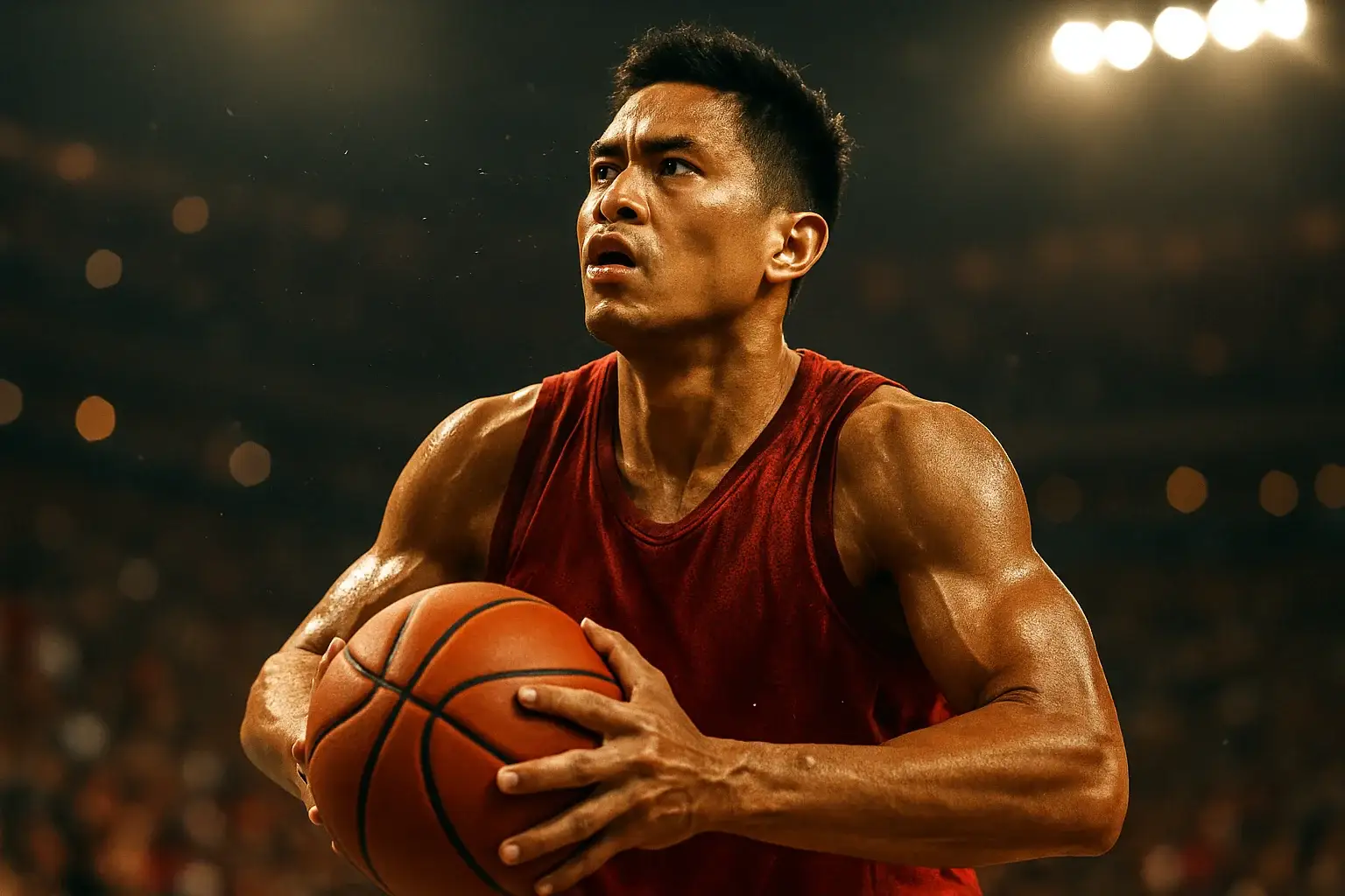 Filipino PBA player mid-air driving to basket under arena lights